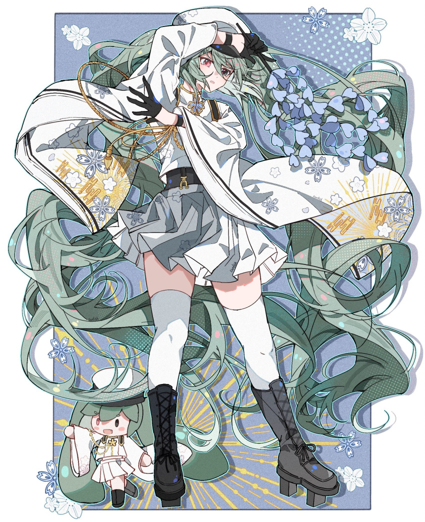 1girl black_eyes black_footwear black_gloves blue_background boots border collared_shirt cross-laced_footwear full_body gloves gohei green_hair grey_skirt hair_between_eyes hands_up hat hatsune_miku head_tilt heterochromia highres holding holding_gohei knee_boots lace-up_boots legs_apart long_hair long_sleeves looking_at_viewer miniskirt open_mouth outside_border peaked_cap platform_boots platform_footwear pleated_skirt red_eyes shirt skirt solo standing sunfish3939 thigh-highs thighs twintails very_long_hair vocaloid white_border white_headwear white_shirt white_thighhighs wide_sleeves zettai_ryouiki