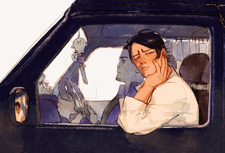2boys black_eyes black_hair bottle car charm_(object) chengongzi123 closed_mouth collared_shirt dark-skinned_male dark_skin driving english_commentary facial_hair goatee_stubble golden_kamuy hand_on_own_cheek hand_on_own_face hand_up hands_up head_rest highres koito_otonoshin long_sleeves looking_at_viewer looking_to_the_side male_focus motor_vehicle multiple_boys perfume_bottle reflection shirt short_hair simple_background sitting steering_wheel stubble tsukishima_hajime upper_body very_short_hair watch watch white_background