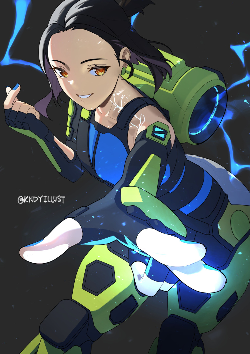 1girl absurdres animification apex_legends black_background black_gloves black_hair blue_nails blue_shirt brown_eyes conduit_(apex_legends) elbow_gloves electricity finger_heart fingerless_gloves gloves glowing hair_behind_ear highres kndy leaning_forward looking_at_viewer looking_to_the_side mechanical_legs shirt smile solo twitter_username