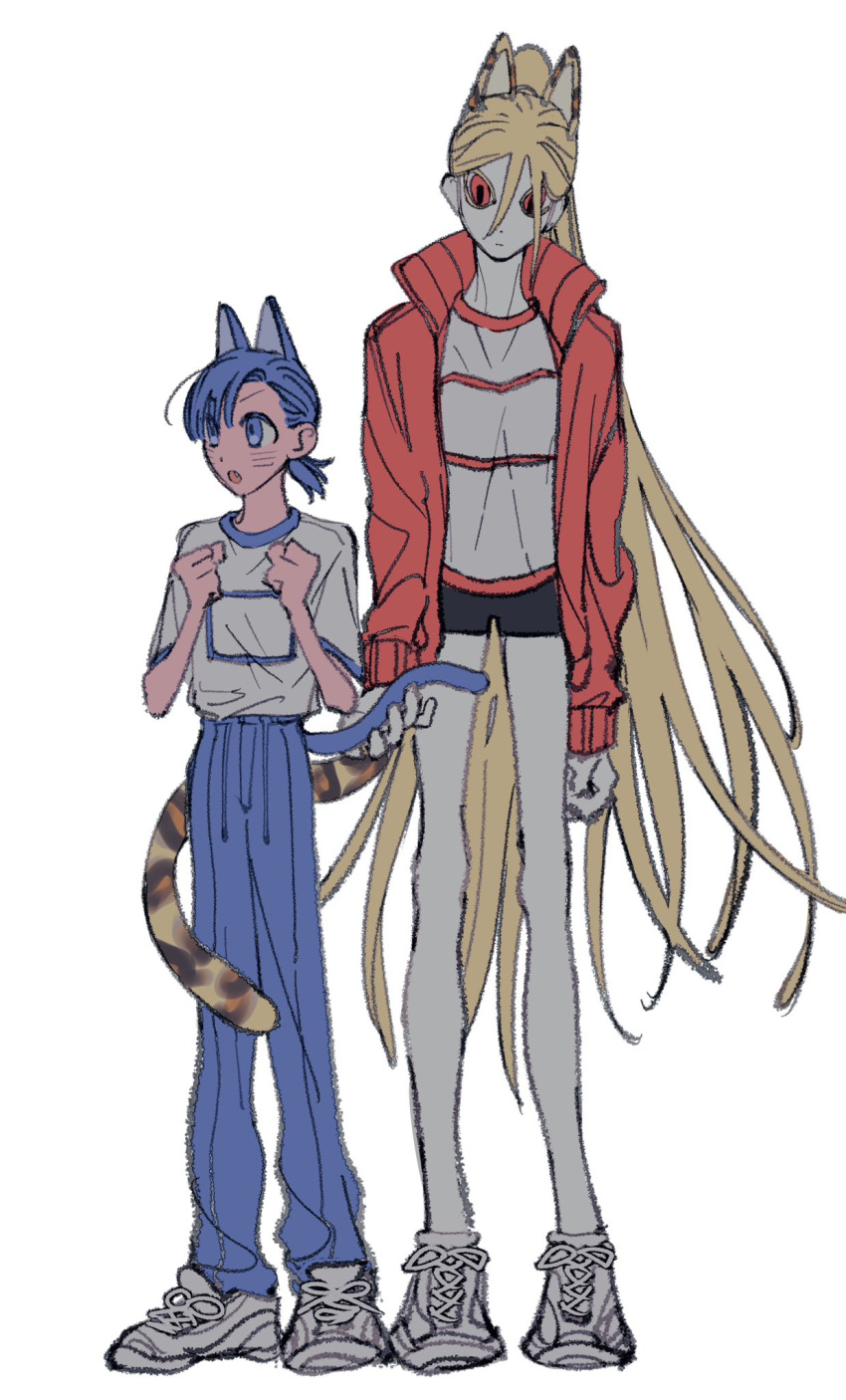 2girls animal_ears bare_legs black_shorts blonde_hair blue_eyes blue_hair blue_pants cat_ears cat_girl cat_tail commentary_request facial_mark fingernails full_body hands_up height_difference highres holding_another's_tail jacket kemonomimi_mode leopard_ears leopard_girl leopard_tail long_fingernails long_hair long_sleeves multiple_girls naotin3333 open_clothes open_jacket open_mouth original pants ponytail red_eyes red_jacket sharp_fingernails shirt shoes short_shorts shorts simple_background sneakers tail very_long_hair whisker_markings white_background white_footwear white_shirt