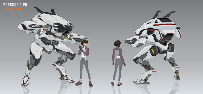 1girl absurdres adjusting_clothes adjusting_gloves ankle_socks anklet black_gloves brown_hair commentary cropped_jacket d.va_(overwatch) english_commentary english_text full_body gloves grey_background grey_jacket grey_pants high_collar highres jacket jewelry meka_(overwatch) multicolored_clothes multicolored_jacket multiple_girls official_alternate_costume official_alternate_hair_length official_alternate_hairstyle official_art open_clothes open_jacket orange-tinted_eyewear overwatch overwatch_2 pants porsche porsche_d.va porsche_macan purple_footwear purple_jacket reference_sheet shirt shoes short_hair sneakers socks standing tinted_eyewear white_shirt white_socks zipper_pull_tab