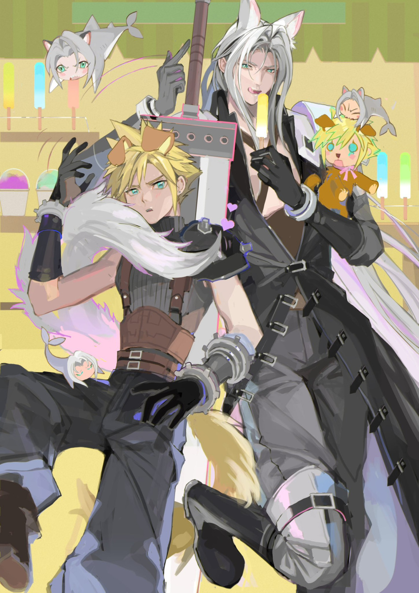 2boys animal animal_ears arm_up armor asymmetrical_gloves bangle belt biting black_coat black_footwear black_gloves black_pants black_sweater blonde_hair blue_eyes blush_stickers boots bracelet buster_sword cat_boy cat_ears chest_strap chibi chibi_inset cloud_strife coat commentary day dog dog_boy dog_ears dog_nose dog_tail earrings fangs final_fantasy final_fantasy_vii food foot_up furrowed_brow gloves green_eyes grey_hair hand_up high_collar highres holding holding_animal holding_dog holding_food holding_popsicle ice_cream implied_yaoi indoors jewelry kemonomimi_mode knee_boots knee_up long_bangs long_coat long_hair long_sleeves looking_to_the_side male_focus multiple_belts multiple_boys neck_ribbon open_clothes open_coat open_mouth pants parted_bangs parted_lips pauldrons pink_ribbon pointing pointing_up popsicle puffy_pants ribbon sephiroth shark_boy sharp_teeth shop short_hair shoulder_armor single_pauldron sleeveless sleeveless_sweater sleeveless_turtleneck slit_pupils slushie smile spiky_hair standing stud_earrings suspenders sweater sword sword_on_back tail teeth tongue tongue_out turtleneck turtleneck_sweater upper_teeth_only very_long_hair weapon weapon_on_back yellow_background zzchen22