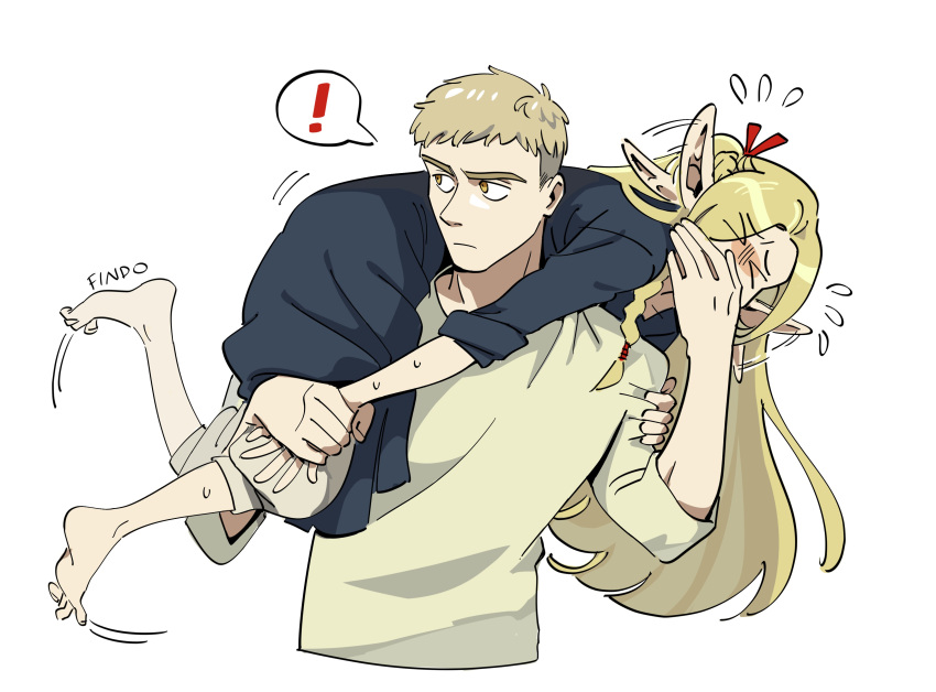 ! 1boy 1girl absurdres blonde_hair blue_robe blush carrying carrying_person closed_eyes covering_another's_mouth dungeon_meshi ear_wagging elf findoworld flying_sweatdrops highres hooded_robe kicking laios_thorden long_hair long_sleeves looking_at_another marcille_donato pointy_ears robe shirt short_hair simple_background spoken_exclamation_mark sweat upper_body white_background