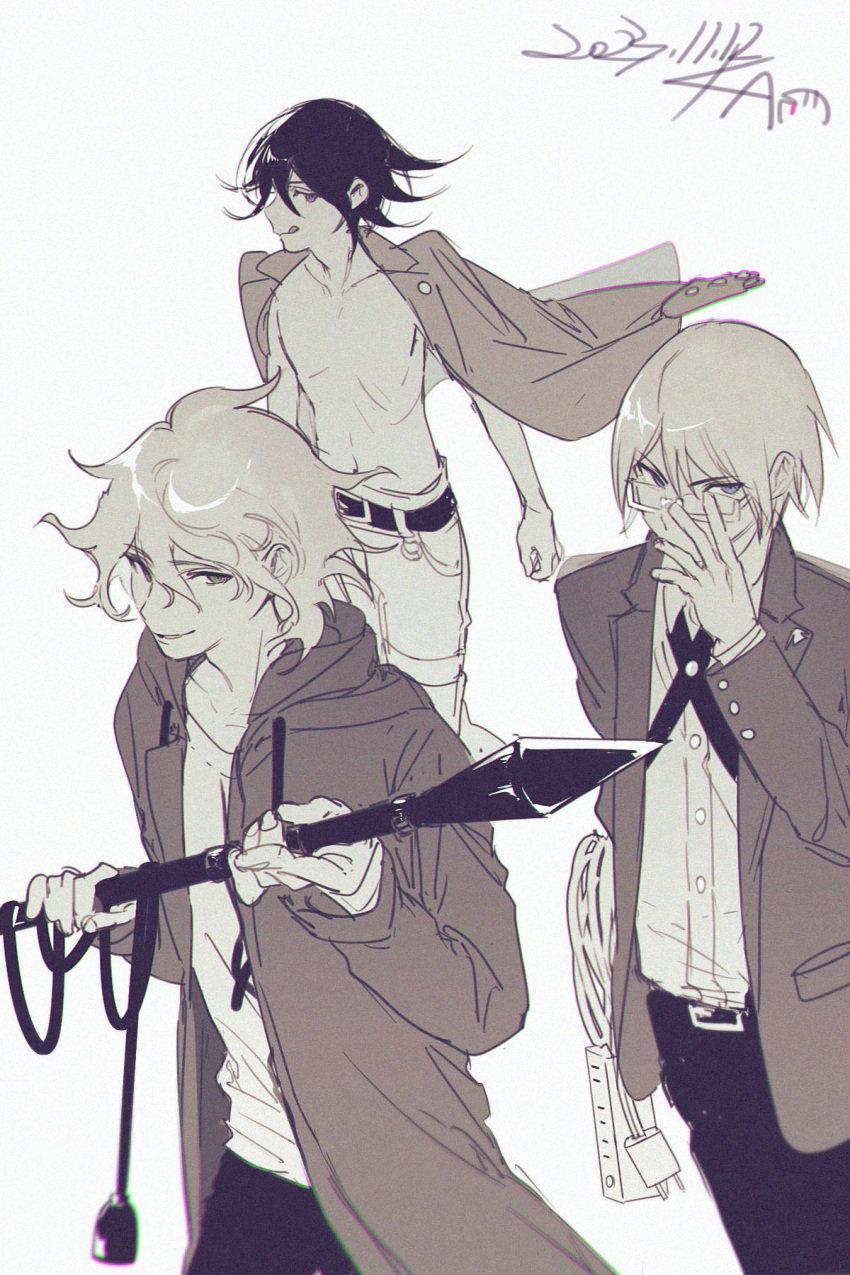 3boys blue_eyes cross_tie danganronpa:_trigger_happy_havoc danganronpa_(series) danganronpa_2:_goodbye_despair danganronpa_v3:_killing_harmony dated disappearoften flipped_hair green_eyes hair_between_eyes highres holding holding_polearm holding_weapon hood hoodie jacket jacket_on_shoulders komaeda_nagito looking_at_viewer male_focus monochrome multiple_boys oma_kokichi open_clothes open_hoodie polearm semi-rimless_eyewear short_hair signature sketch smile spot_color standing togami_byakuya tongue tongue_out topless_male violet_eyes wavy_hair weapon white_background wire