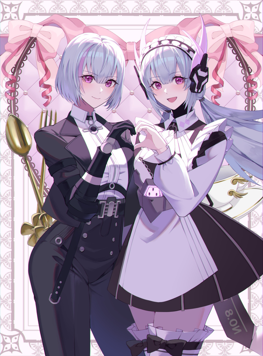 2girls absurdres black_bow black_dress black_pants black_suit bow butler character_request check_character closed_mouth collared_shirt cyborg dress female_butler frilled_thighhighs frills hair_between_eyes headgear headphones heart heart_hands highres joints liv_(punishing:_gray_raven) long_hair long_sleeves maid_headdress mechanical_arms mechanical_hands medium_hair multicolored_hair multiple_girls open_mouth pants pink_eyes pink_hair punishing:_gray_raven robot_joints shirt sidelocks streaked_hair suit thigh-highs thigh_bow toi_pngr twintails two-tone_dress white_dress white_shirt white_thighhighs