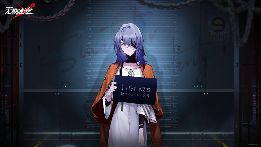 1girl against_wall blue_hair chain character_name closed_mouth copyright_name cowboy_shot dress eyepatch grey_eyes hand_up hecate_(path_to_nowhere) height_mark highres holding holding_sign indoors jacket jacket_on_shoulders logo long_sleeves looking_at_viewer medium_hair mugshot official_art official_wallpaper one_eye_covered orange_jacket path_to_nowhere prison_cell prison_clothes sign solo white_dress