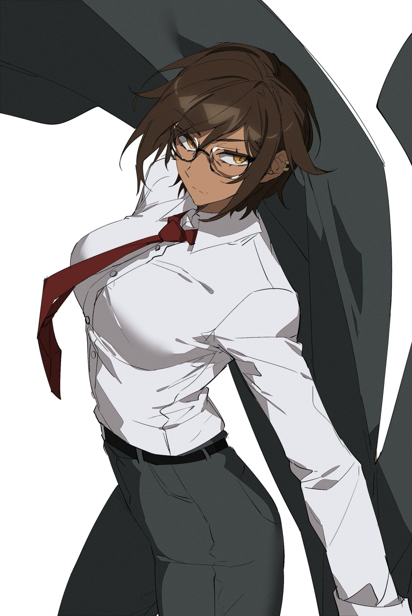 1girl absurdres artist_request bad_id bad_link belt black_jacket black_pants breasts brown_eyes brown_hair closed_mouth collared_shirt dark-skinned_female dark_skin earrings formal glasses highres jacket jewelry large_breasts limbus_company long_sleeves necktie outis_(project_moon) pants project_moon red_necktie semi-rimless_eyewear shirt short_hair simple_background solo white_background white_shirt