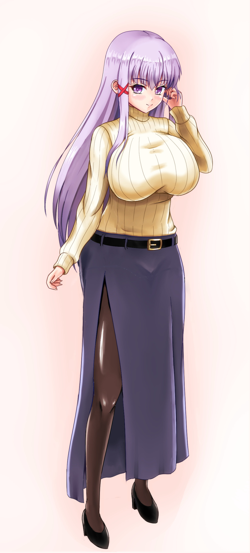 1girl biruto blush borrowed_character breasts casual commission contemporary enjou_sakuya highres huge_breasts long_hair looking_at_viewer original pantyhose pixiv_commission purple_hair ribbed_sweater side_slit smile solo sweater turtleneck turtleneck_sweater violet_eyes white_sweater