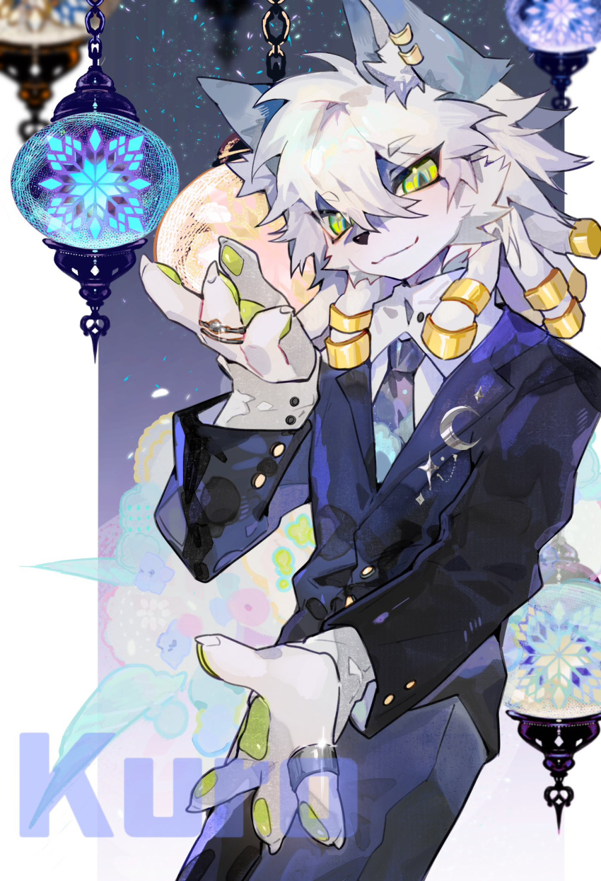1boy animal_ear_fluff animal_ears animal_nose artist_name black_jacket blue_necktie commission cowboy_shot ear_piercing eyes_visible_through_hair fewer_digits fingernails from_side furry furry_male glint green_eyes grey_pants hair_between_eyes hand_up hanging_lantern highres jacket jewelry kuro_(sczllll) lantern lapel_pin long_sleeves looking_at_viewer male_focus medium_hair necktie original outside_border pants pawpads piercing pillarboxed ring ring_hair_ornament sharp_fingernails slit_pupils smile solo standing white_hair wolf_boy wolf_ears