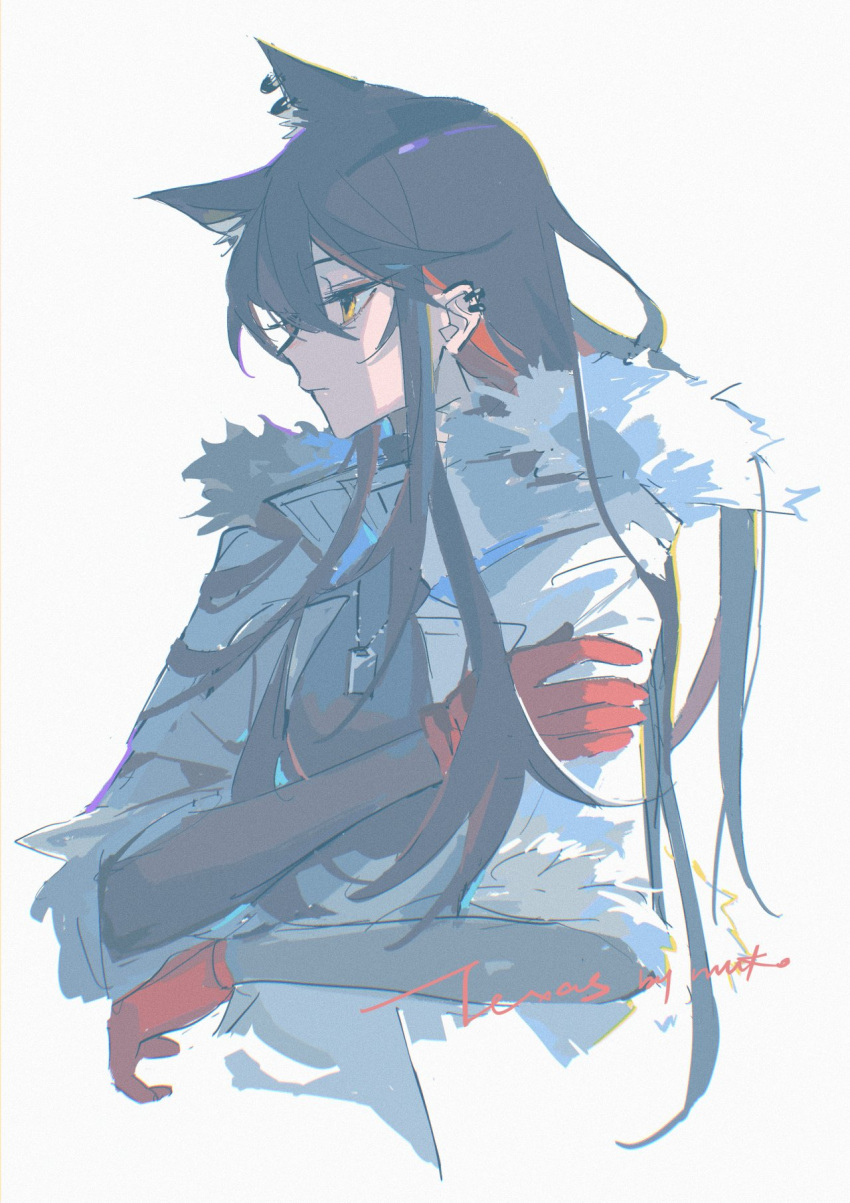 1girl animal_ear_fluff animal_ear_piercing animal_ears arknights black_hair black_shirt character_name colored_inner_hair commentary cropped_torso ear_piercing from_side frown fur-trimmed_jacket fur_trim gloves highres jacket long_hair long_sleeves meng_ziya multicolored_hair piercing red_gloves redhead shirt signature simple_background sketch solo texas_(arknights) texas_(winter_messenger)_(arknights) white_background white_jacket wolf_ears yellow_eyes