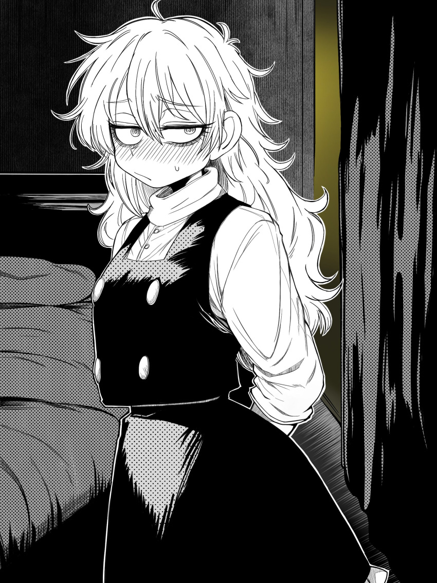 1girl absurdres arms_behind_back bed black_eyeliner black_skirt black_vest blush commentary_request eyelashes eyeliner greyscale highres hotel_room kirisame_marisa limited_palette long_hair long_sleeves looking_at_another makeup mascara messy_hair monochrome pillow sanpaku shirt shy sidelocks skirt sleeves_rolled_up solo sweat touhou turtleneck vest voyagehermitage white_shirt