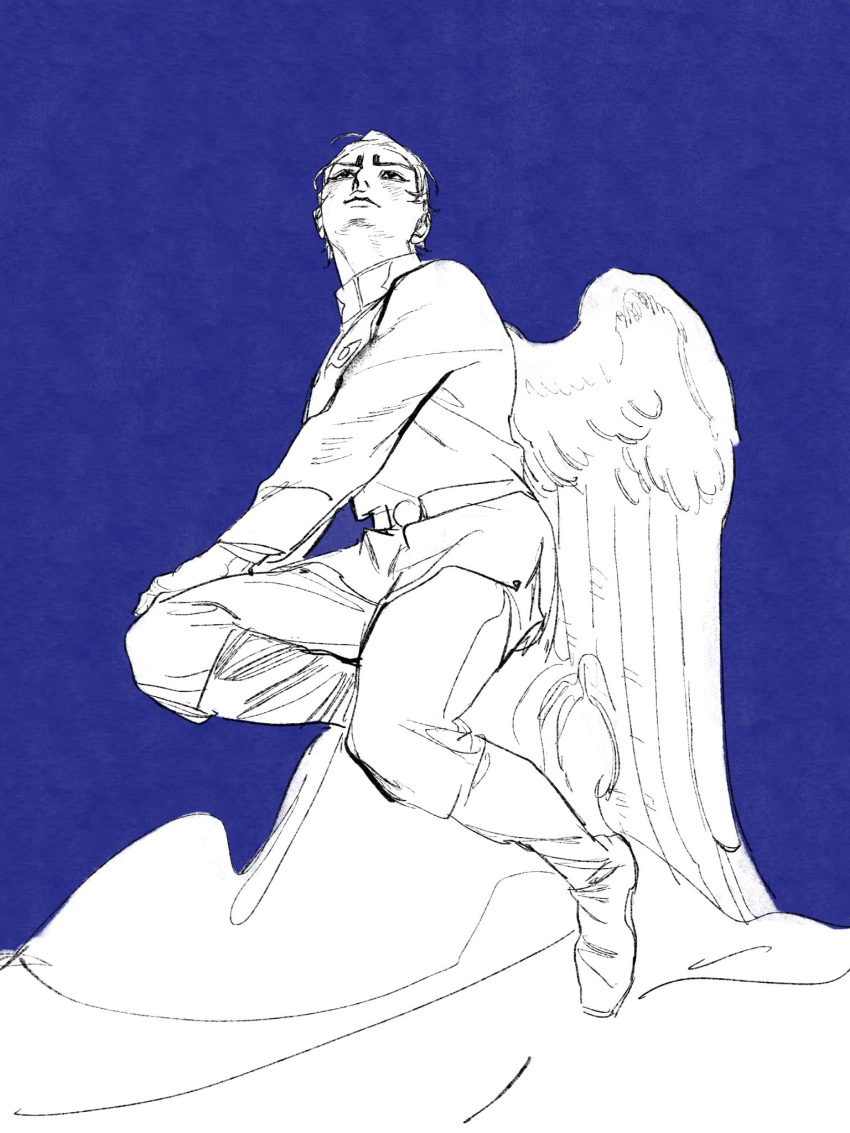 1boy angel angel_wings blue_background boots chengongzi123 closed_mouth english_commentary feathered_wings full_body golden_kamuy highres jacket koito_otonoshin long_sleeves looking_up male_focus military_uniform pants partially_colored short_hair simple_background sitting uniform very_short_hair wings