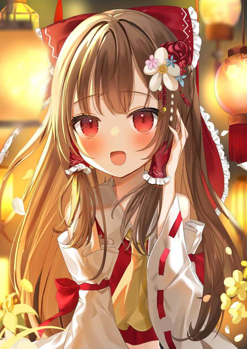 1girl absurdres ascot blush bow brown_hair commentary_request detached_sleeves diamond-shaped_pupils diamond_(shape) falling_petals flower frilled_bow frilled_hair_tubes frills hair_bow hair_flower hair_ornament hair_tubes hakurei_reimu hand_in_own_hair highres long_hair looking_at_viewer okome2028 open_mouth petals red_bow red_eyes red_flower ribbon-trimmed_sleeves ribbon_trim smile solo symbol-shaped_pupils touhou white_flower yellow_ascot yellow_flower