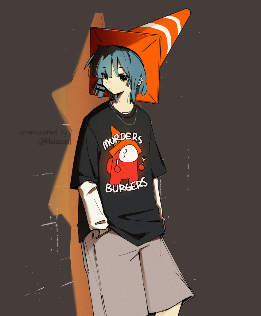1girl absurdres alternate_costume among_us blue_hair bocchi_the_rock! commission ear_piercing english_text hands_in_pockets highres impostor_(among_us) looking_at_viewer machuuu68 medium_hair piercing simple_background traffic_cone traffic_cone_on_head twitter_username yamada_ryo yellow_eyes