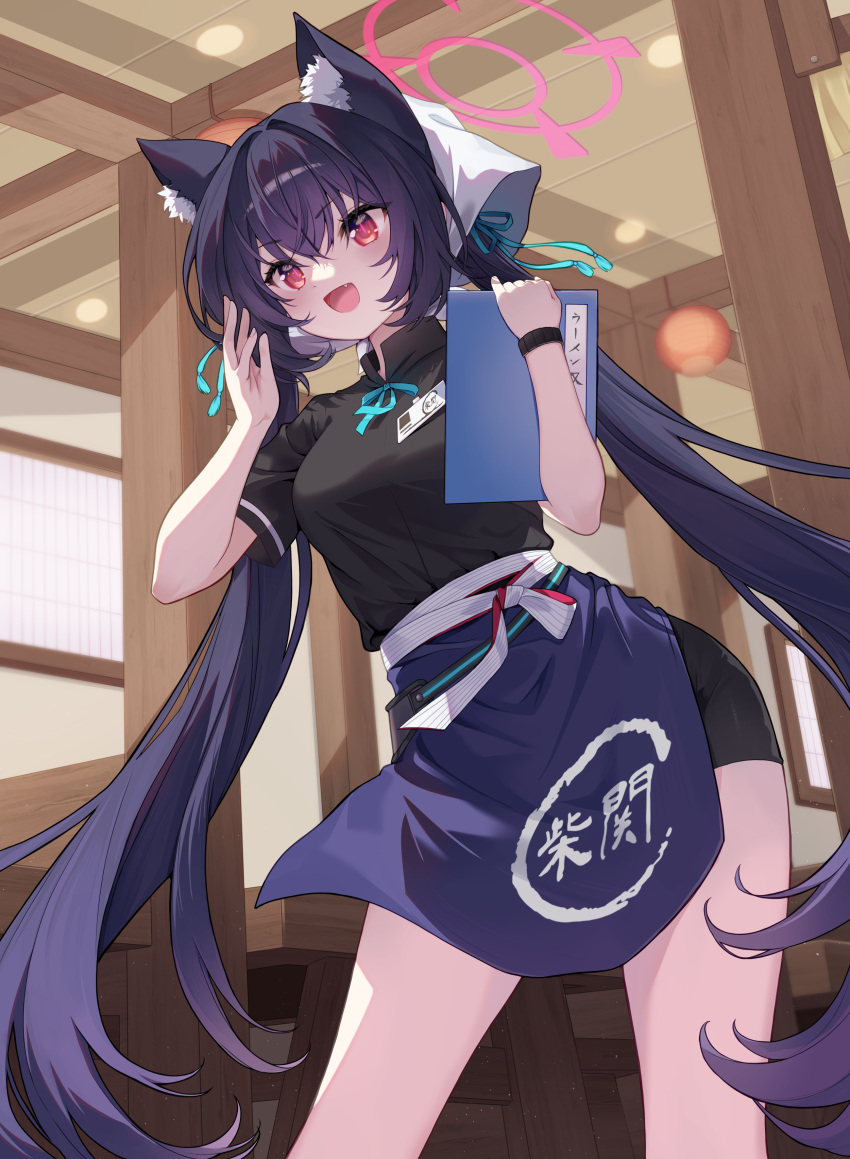 1girl absurdres ajeu914 animal_ear_fluff animal_ears black_dress black_hair blue_archive blue_ribbon blush breasts cat_ears dress extra_ears fang halo highres holding indoors long_hair medium_breasts open_mouth pink_halo red_eyes ribbon serika_(blue_archive) short_sleeves smile solo twintails