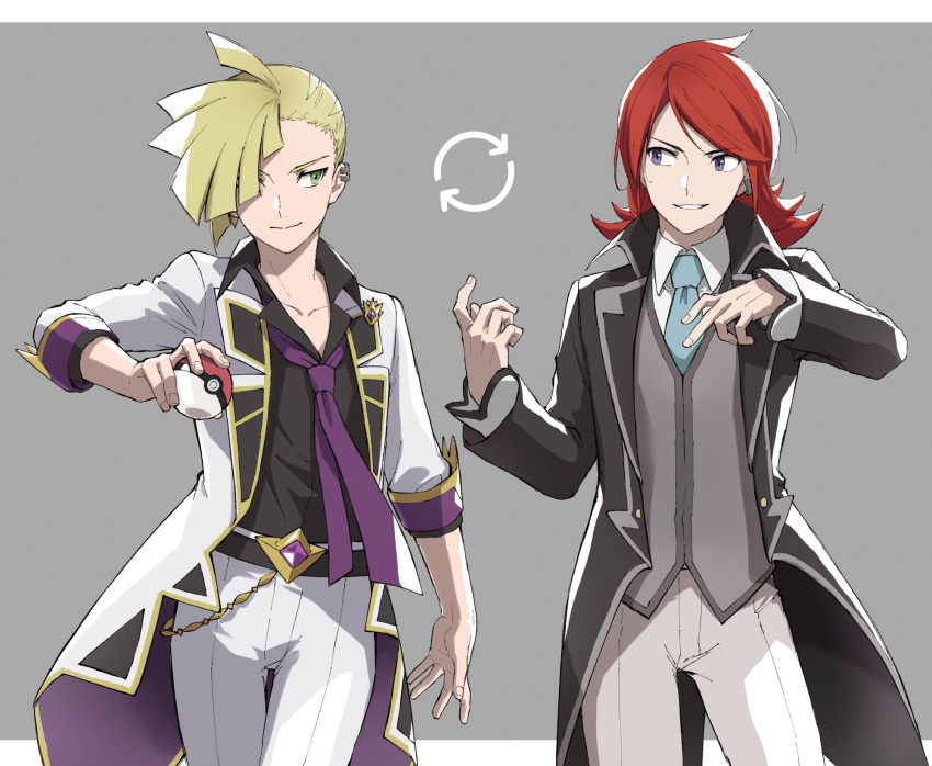 2boys blonde_hair closed_mouth coat collared_shirt commentary_request cosplay costume_switch gladion_(pokemon) gladion_(pokemon)_(cosplay) gladion_(sygna_suit)_(pokemon) green_eyes hair_over_one_eye hands_up highres holding holding_poke_ball long_hair long_sleeves male_focus mocollie multiple_boys necktie open_clothes open_coat pants poke_ball poke_ball_(basic) pokemon pokemon_masters_ex purple_necktie redhead shirt short_hair silver_(champion)_(pokemon) silver_(pokemon) silver_(pokemon)_(cosplay) smile vest