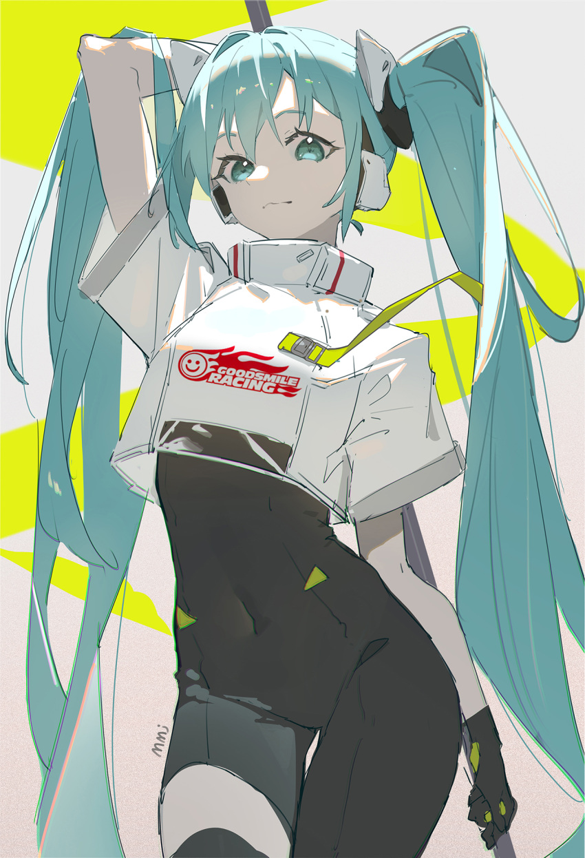1girl aqua_eyes aqua_hair asymmetrical_legwear black_gloves black_thighhighs breasts closed_mouth covered_navel cowboy_shot crop_top from_below gloves groin hatsune_miku highres looking_at_viewer mmj narrow_waist racing_miku racing_miku_(2022) short_sleeves small_breasts smile thigh-highs thigh_gap twintails vocaloid white_background yellow_background