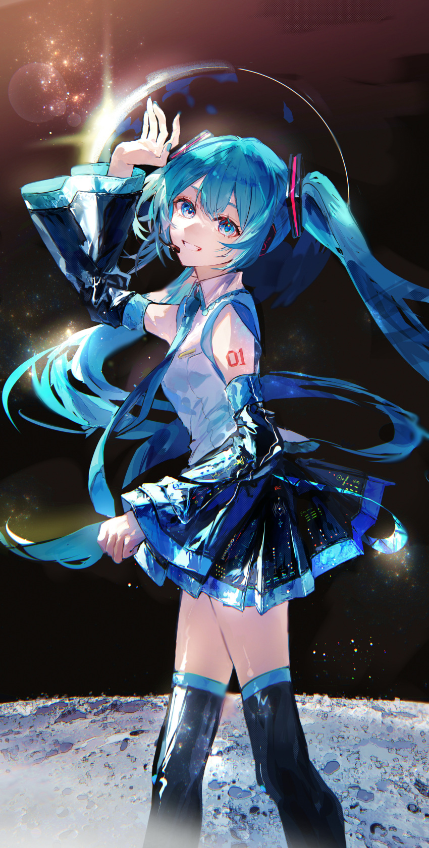 1girl absurdres bare_shoulders black_skirt black_sleeves black_thighhighs blue_eyes blue_hair blue_necktie commentary_request detached_sleeves eclipse hair_ornament hand_up hatsune_miku headset highres karanagare long_hair looking_at_viewer necktie number_tattoo pleated_skirt shirt skirt sleeveless sleeveless_shirt smile solo space star_(sky) tattoo teeth thigh-highs twintails very_long_hair vocaloid white_shirt