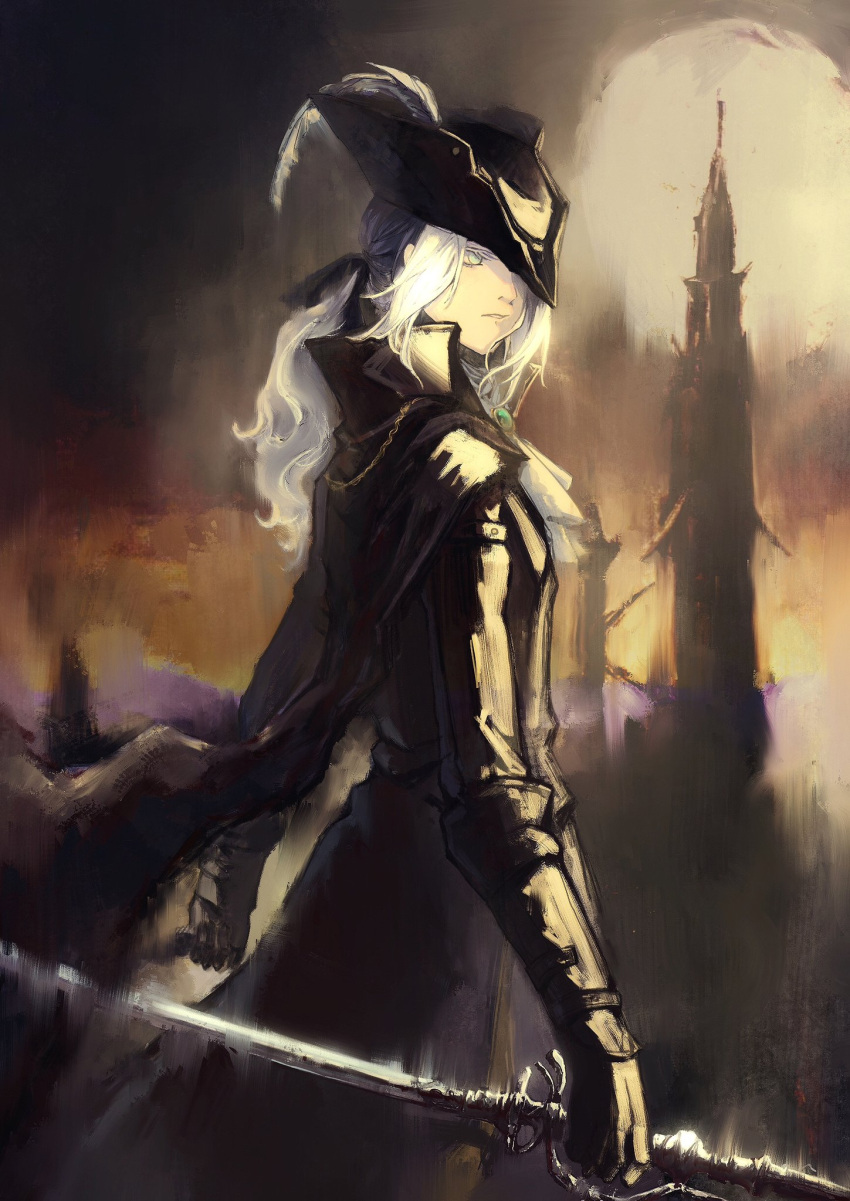 1girl ascot black_gloves black_jacket bloodborne blue_eyes bonnet cape double-blade from_side gloves hat hat_feather highres huanyan420112 jacket lady_maria_of_the_astral_clocktower low_ponytail moon rakuyo_(bloodborne) sidelocks solo tricorne white_ascot white_hair