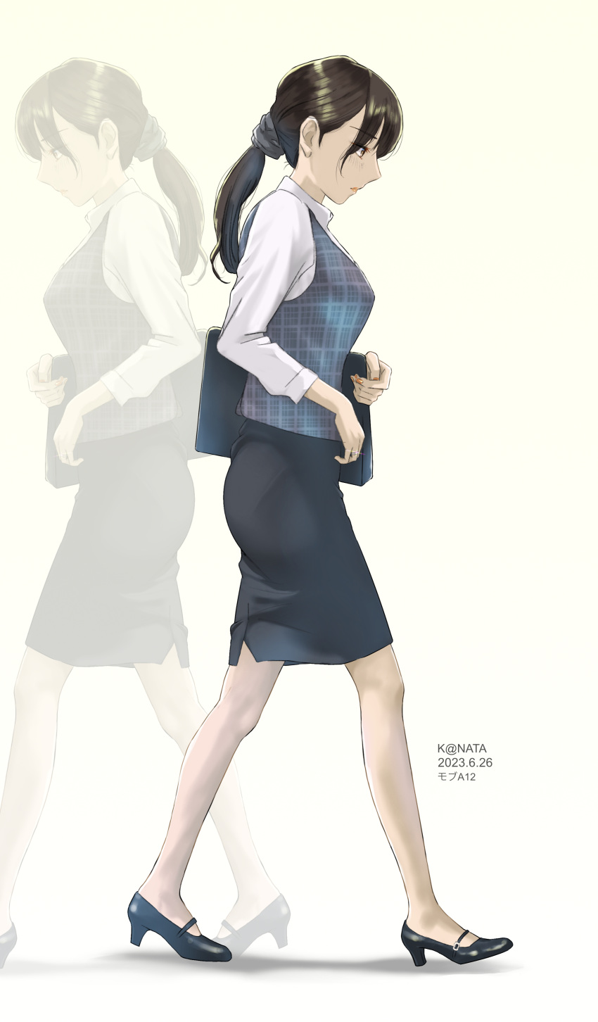1girl absurdres black_footwear black_skirt blush brown_eyes brown_hair dated glint highres jewelry lipstick long_hair makeup office_lady original pencil_skirt ponytail red_nails ring shirt shoes skirt vest walking white_shirt y.kami_nao/take zoom_layer