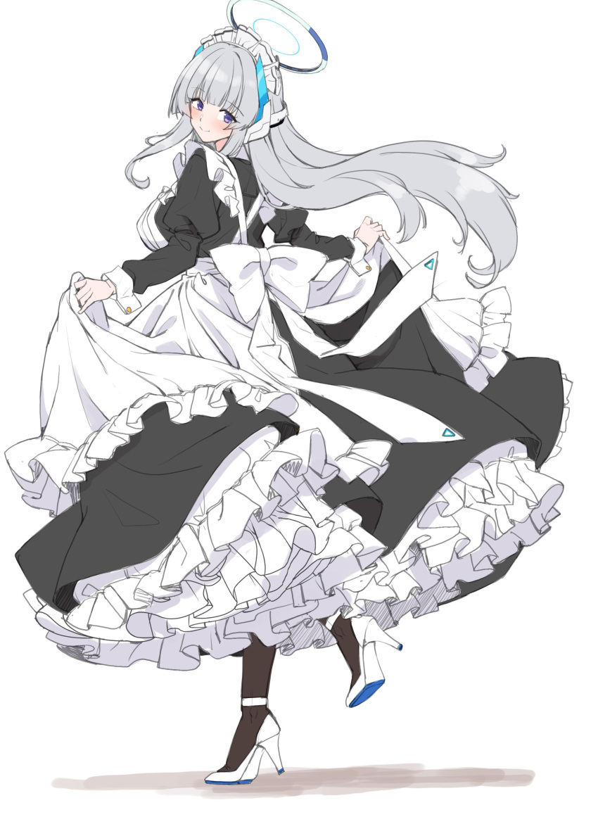 1girl absurdres alternate_costume apron black_pantyhose black_shirt black_skirt blue_archive blush breasts closed_mouth enmaided floating_hair foot_up frilled_apron frilled_skirt frills from_side full_body grey_hair headphones high_heels highres juliet_sleeves large_breasts layered_skirt long_bangs long_hair long_skirt long_sleeves looking_at_viewer maid noa_(blue_archive) pantyhose puffy_sleeves purple_hair shirokuma_a shirt sidelocks simple_background skirt skirt_hold smile solo straight_hair white_apron white_background white_footwear