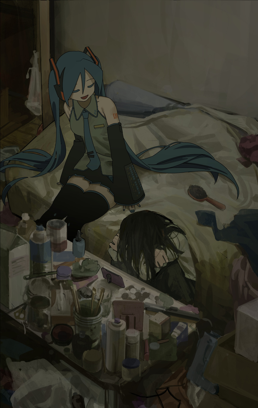 2girls absurdres bare_shoulders bed black_hair black_skirt black_sleeves black_thighhighs blue_hair blue_nails blue_necktie bottle cellphone closed_eyes collared_shirt commentary covering_face dark depressed detached_sleeves grey_shirt hair_between_eyes hair_brush hair_ornament hatsune_miku highres indoors jar knees_up long_hair long_sleeves messy_room miku_day miniskirt multiple_girls nail_polish necktie on_bed on_floor open_mouth phone pleated_skirt shirt sitting skirt sleeves_past_wrists smartphone smile table tachibana_tsu thigh-highs trash_bag twintails very_long_hair vocaloid white_shirt zettai_ryouiki