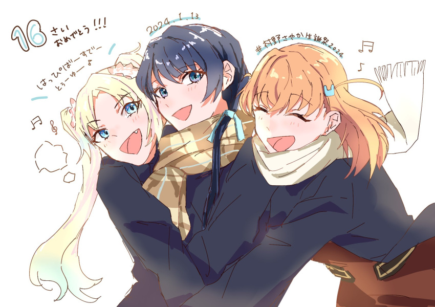 3girls :d beamed_eighth_notes blonde_hair blue_coat blue_eyes blue_hair blue_ribbon breath brown_dress brown_scarf check_commentary check_translation closed_eyes coat commentary_request crossed_bangs dress eighth_note fang gradient_hair hair_ornament hair_ribbon happy_birthday hashtag hasu_no_sora_school_uniform highres hinoshita_kaho link!_like!_love_live! long_hair long_sleeves looking_at_another looking_at_viewer love_live! medium_hair multicolored_hair multiple_girls murano_sayaka music musical_note myuu_(mmyu_ull) open_mouth orange_hair osawa_rurino parted_bangs plaid plaid_scarf rabbit_hair_ornament ribbon sailor_dress scarf school_uniform side_ahoge simple_background singing smile swept_bangs translation_request treble_clef two-tone_hair upper_body white_background white_scarf winter_uniform