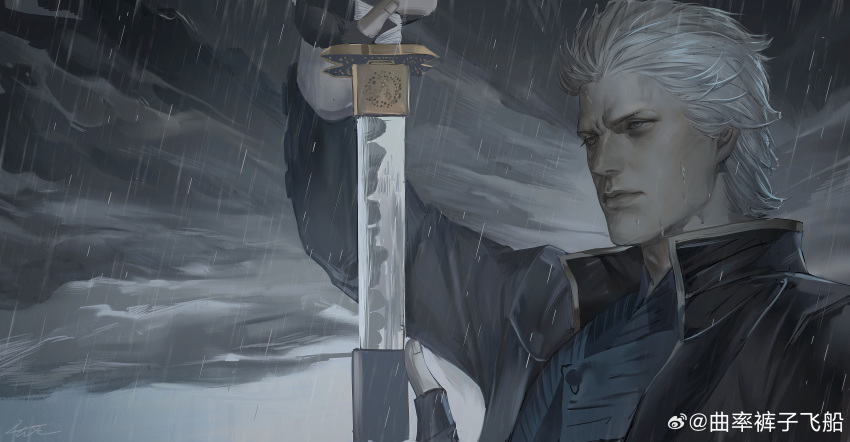 1boy absurdres black_gloves blue_coat blue_eyes closed_mouth clouds coat devil_may_cry_(series) fingerless_gloves gloves grey_sky hair_slicked_back highres holding holding_sword holding_weapon katana male_focus outdoors qvlv_kuzi_feichuan rain sky solo sword vergil_(devil_may_cry) weapon wet white_hair yamato_(sword)
