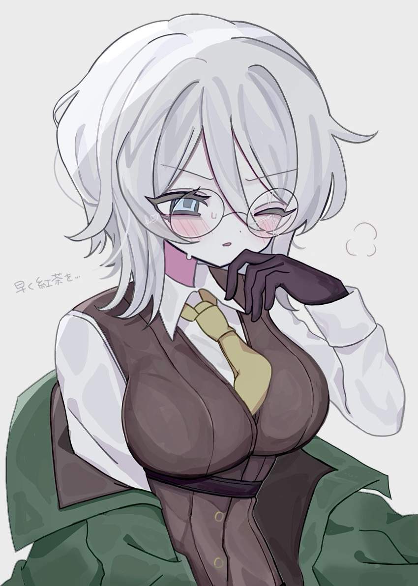 1girl 9_wapuwapu black_gloves blush breasts brown_vest collared_shirt commentary_request faust_(project_moon) glasses gloves green_jacket hand_up highres jacket large_breasts limbus_company necktie one_eye_closed parted_lips project_moon round_eyewear seven_association_(identity)_(project_moon) shirt simple_background solo sweat translation_request upper_body vest white_background white_shirt yellow_necktie