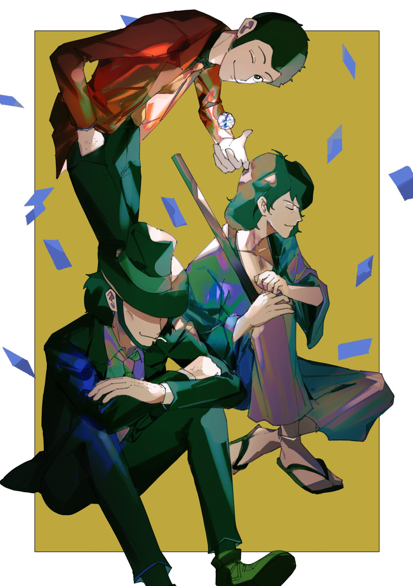 3boys absurdres arsene_lupin_iii beard black_jacket black_pants cigarette closed_eyes commentary crossed_arms facial_hair gem hakama hand_in_pocket hat highres ishikawa_goemon_xiii jacket japanese_clothes jigen_daisuke kimono looking_at_viewer lupin_iii male_focus multiple_boys necktie one_eye_closed pants profile rectangle red_jacket shoes short_hair sideburns sitting smile suit symbol-only_commentary torinodesu4