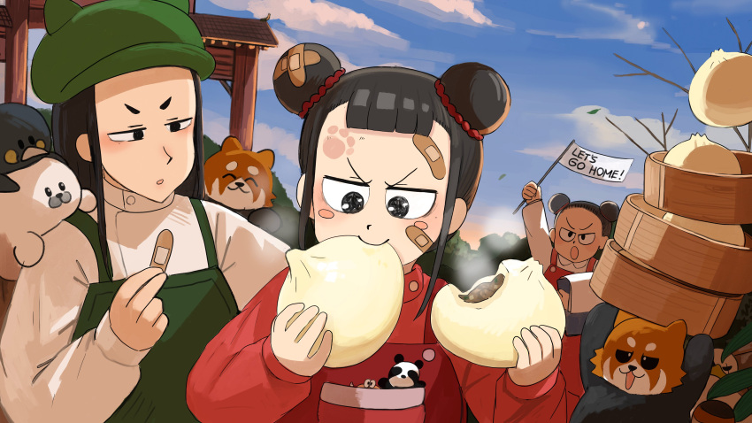 3girls :o absurdres bandaid bandaid_on_face baozi bare_tree bird black_eyes black_hair blush_stickers clouds cloudy_sky diva_(hyxpk) double_bun doughnut_stamp duck eating english_commentary food green_headwear green_overalls hair_bun highres multiple_girls older_panda_keeper_(diva) outdoors overalls pocket red_overalls red_panda red_shirt shirt siblings sisters sky steam stuffed_animal stuffed_penguin stuffed_seal stuffed_toy survey_girl_(diva) tree v-shaped_eyebrows white_shirt younger_panda_keeper_(diva) zoo zookeeper zookeepers_(diva)