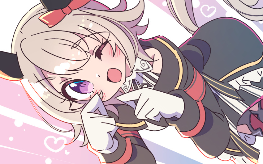 1girl ;d animal_ears bow coat curren_chan_(umamusume) dress ear_bow ear_covers gloves grey_hair highres honkawa_works horse_ears horse_girl horse_tail long_sleeves looking_at_viewer off-shoulder_coat off_shoulder one_eye_closed red_bow short_hair smile solo striped_clothes striped_dress tail umamusume vertical-striped_clothes vertical-striped_dress violet_eyes white_gloves