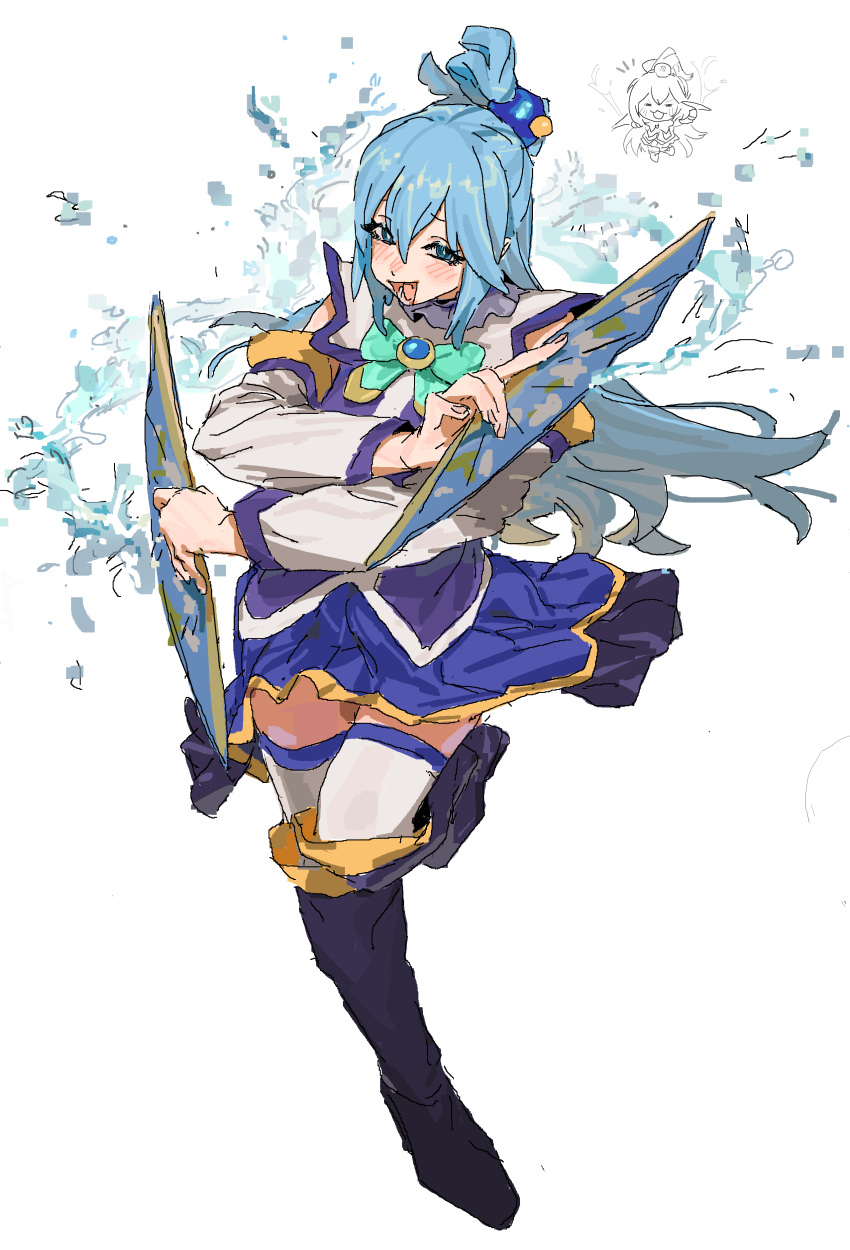 1girl :d absurdres aqua_(konosuba) b9_(rrrqqq) bare_shoulders black_footwear blue_eyes blue_hair blue_skirt blush boots bow bowtie chibi chibi_inset detached_sleeves full_body green_bow green_bowtie hair_between_eyes hair_ornament hair_rings hand_fan highres holding kono_subarashii_sekai_ni_shukufuku_wo! long_hair looking_at_viewer open_mouth simple_background single_hair_ring skirt smile solo standing standing_on_one_leg thigh-highs thighhighs_under_boots water white_background white_thighhighs