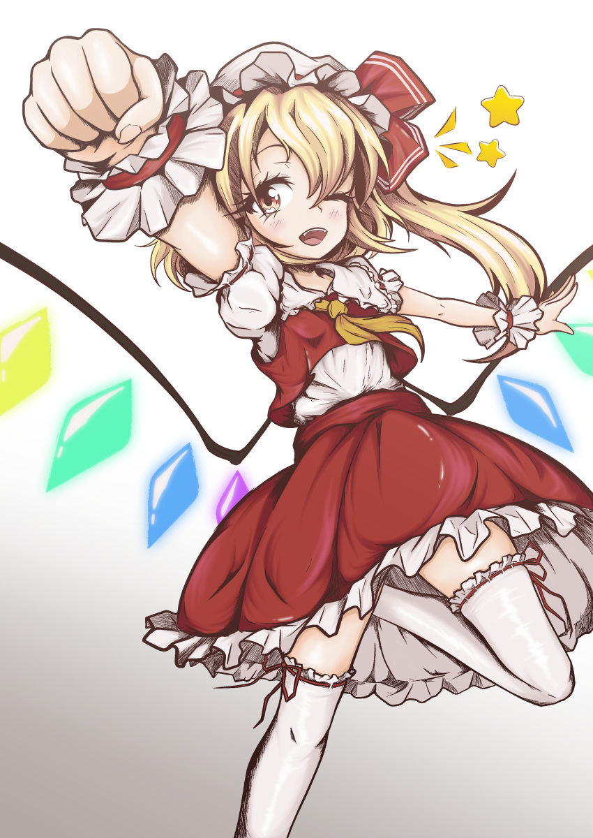 1girl absurdres ascot blonde_hair collared_shirt el_genso feet_out_of_frame flandre_scarlet foreshortening frilled_shirt_collar frilled_skirt frilled_thighhighs frills gradient_background hat highres long_hair looking_at_viewer mob_cap multicolored_wings one_eye_closed open_mouth orange_eyes puffy_short_sleeves puffy_sleeves red_ribbon red_skirt red_vest ribbon ribbon-trimmed_sleeves ribbon-trimmed_thighhighs ribbon_trim shirt short_sleeves simple_background skirt solo teeth thigh-highs touhou upper_teeth_only vest white_background white_headwear white_shirt white_thighhighs wings wrist_cuffs yellow_ascot