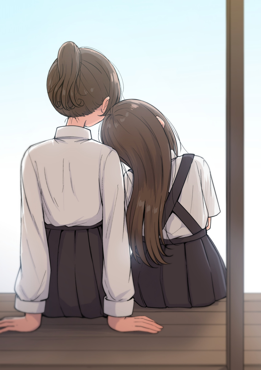2girls arm_support betock black_skirt brown_hair commentary_request from_behind highres leaning_on_person long_hair long_sleeves multiple_girls nape original pleated_skirt shirt short_ponytail siblings sidelocks sisters skirt white_shirt