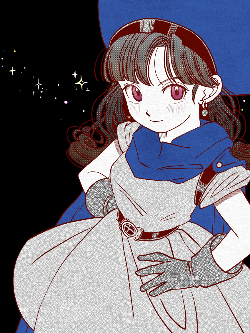 1girl absurdres alena_(dq4) belt blue_cape blue_headwear blush cape curly_hair dragon_quest dragon_quest_iv dress earrings gloves highres jewelry long_hair looking_at_viewer monochrome okita_(sukult_4) smile solo spot_color violet_eyes
