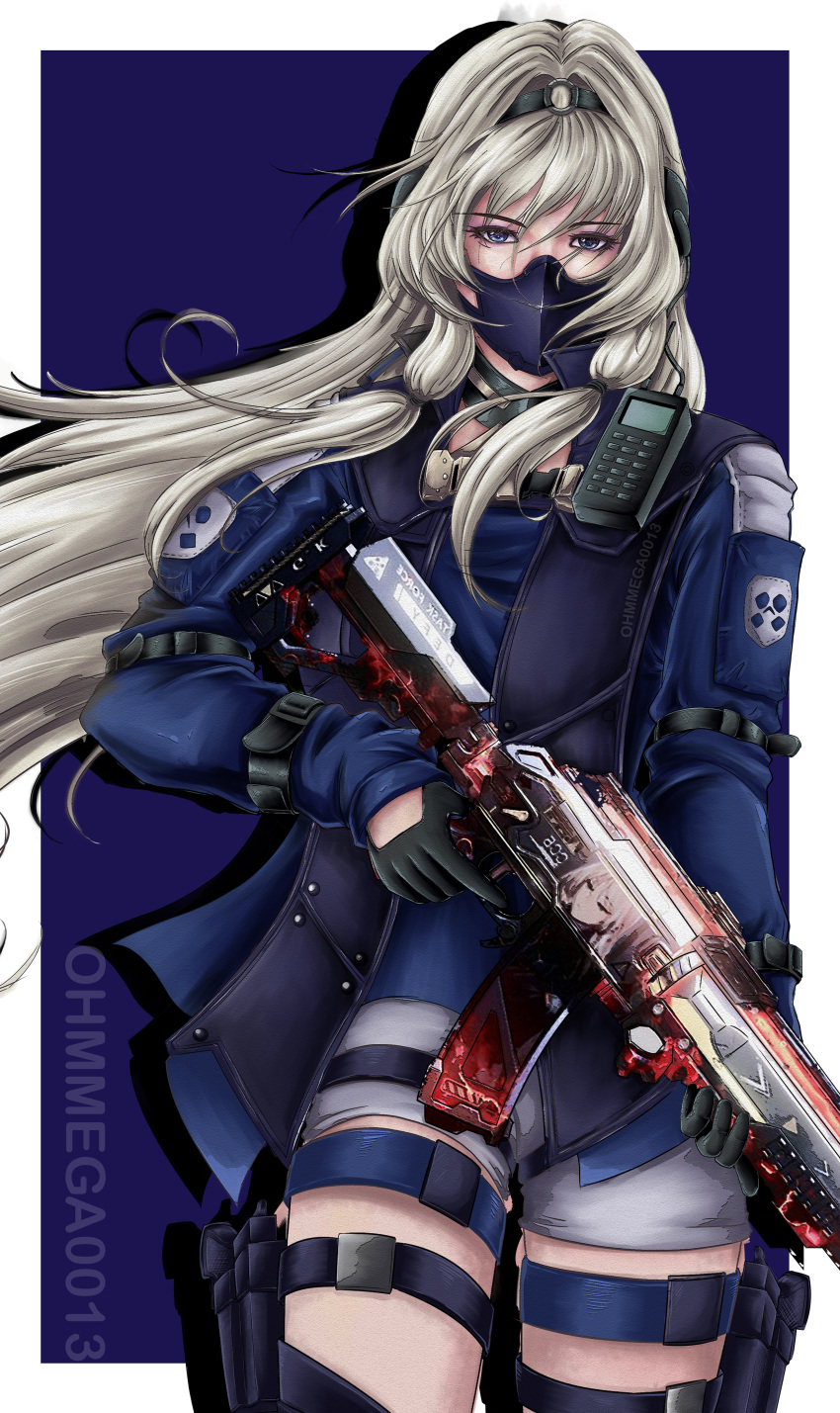 1girl absurdres an-94 an-94_(girls'_frontline) an-94_(girls'_frontline)_(cosplay) aqua_eyes artist_name artist_request assault_rifle blue_eyes call_of_duty call_of_duty:_mobile cosplay girls_frontline gloves grey_hair gun hairband highres jacket long_hair looking_at_viewer mask rifle scylla_(call_of_duty:_mobile) simple_background solo tagme weapon white_hair
