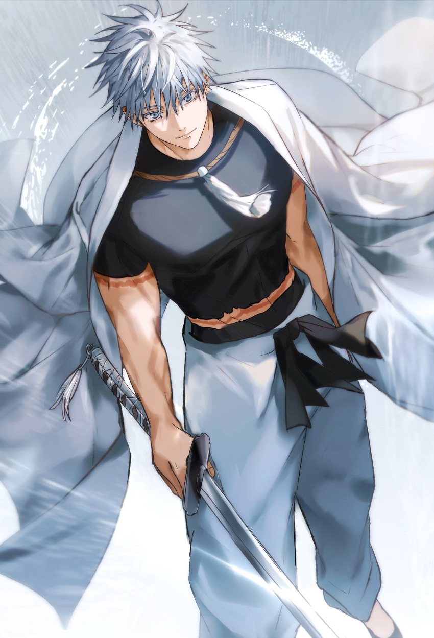 1boy absurdres black_shirt blue_hair closed_mouth coat coat_on_shoulders foot_out_of_frame gojou_satoru highres jujutsu_kaisen light_smile looking_at_viewer male_focus pants scar scar_on_arm shirt short_hair solo torn_clothes torn_shirt white_background white_coat white_hair white_pants yoon_(dmsco1803)