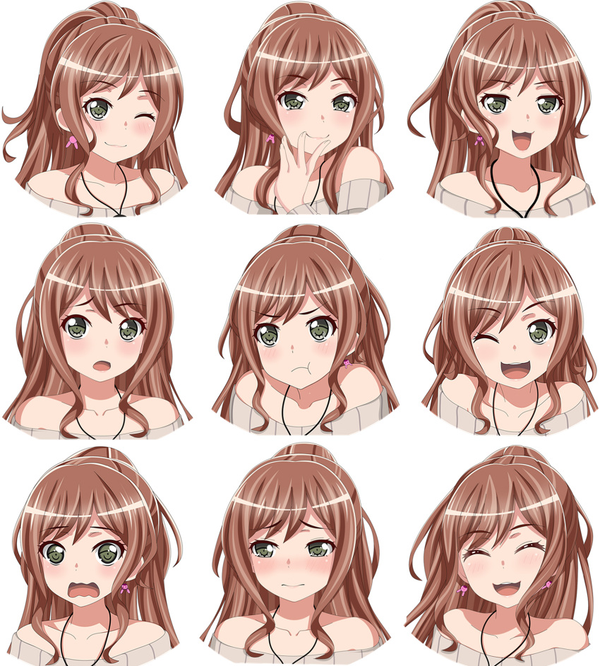 1girl :3 ^_^ bang_dream! bare_shoulders blush brown_hair brown_sweater closed_eyes closed_mouth collarbone commentary cropped_torso earrings english_commentary expressions facing_viewer fries_vanquisher green_eyes half_updo hand_up highres imai_lisa jewelry long_hair looking_at_viewer multiple_views necklace off-shoulder_sweater off_shoulder one_eye_closed open_mouth pout simple_background smile smug sweater teeth upper_body upper_teeth_only v_over_mouth wavy_mouth white_background