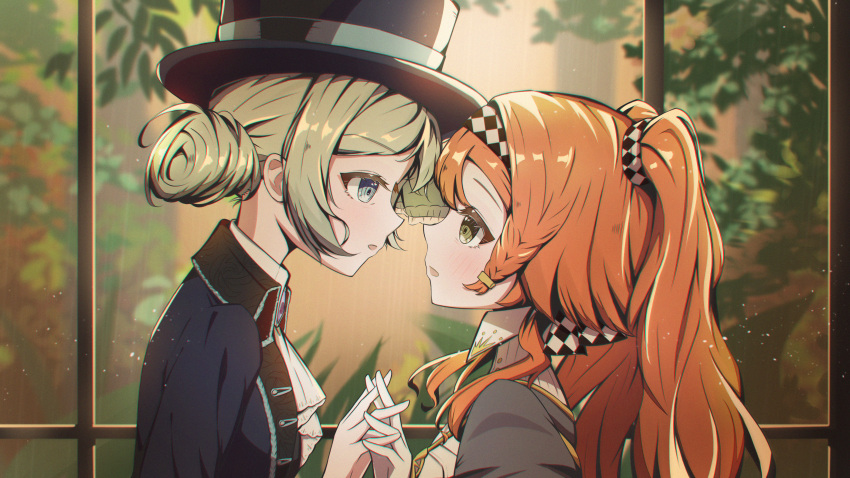 2girls :o absurdres ascot black_coat black_headwear blurry blurry_background boater_hat checkered_hairband coat eye_contact face-to-face from_side green_eyes grey_eyes grey_hair hair_bun high_collar highres holding_hands implied_yuri interlocked_fingers lingerain long_hair looking_at_another multiple_girls orange_hair profile reverse:1999 shirt short_hair single_side_bun sonetto_(reverse:1999) tree two_side_up upper_body vertin_(reverse:1999) white_ascot white_shirt window yuri
