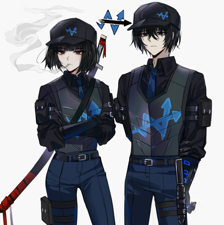 1boy 1girl armor bags_under_eyes baseball_cap belt black_belt black_eyes black_gloves black_hair black_headwear black_shirt blue_necktie blue_pants bob_cut bracer breastplate cigarette closed_mouth collared_shirt commentary cowboy_shot crossed_arms gloves hair_between_eyes hat highres limbus_company necktie pants project_moon red_eyes ryoshu_(project_moon) sheath sheathed shirt short_hair sidelocks simple_background smoke smoking sp0i0ppp standing white_background wing_collar yi_sang_(project_moon)