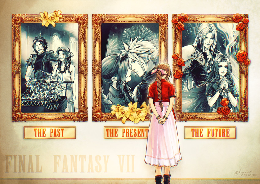 1girl 3boys aerith_gainsborough armor arms_behind_back art_gallery bangle black_coat black_hair boots bracelet braid braided_ponytail brown_footwear brown_hair cart chest_strap church closed_eyes cloud_strife coat crisis_core_final_fantasy_vii cropped_jacket dated dress english_text final_fantasy final_fantasy_vii final_fantasy_vii_rebirth final_fantasy_vii_remake fireworks flower grey_hair hair_ribbon hair_slicked_back highres jacket jewelry kay-i lifestream lily_(flower) long_dress multiple_boys own_hands_clasped own_hands_together parted_bangs parted_lips picture_frame pink_dress pink_ribbon red_flower red_jacket red_rose ribbon rose sephiroth short_sleeves shoulder_armor sidelocks single_bare_shoulder single_braid sleeveless sleeveless_turtleneck smile spiky_hair suspenders turtleneck twitter_username yellow_flower zack_fair