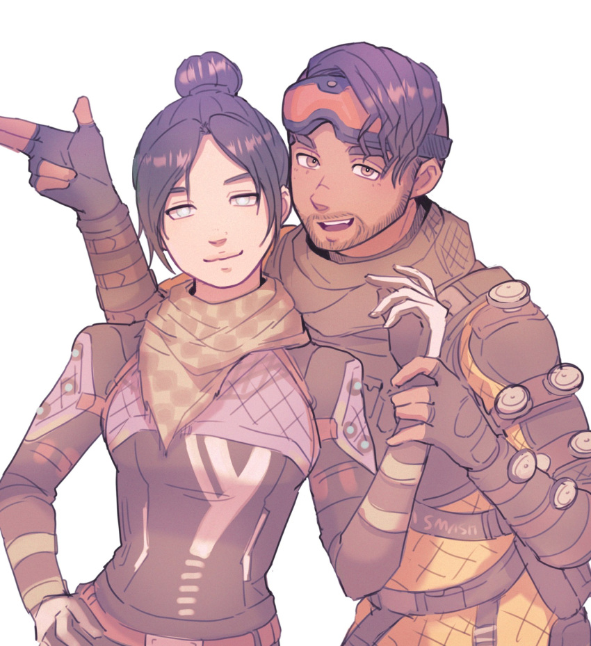 1boy 1girl animification apex_legends belt black_bodysuit black_gloves black_hair blue_eyes bodysuit borrowed_accessory breasts brown_belt brown_hair checkered_clothes checkered_scarf dark-skinned_male dark_skin fingerless_gloves gloves green_scarf hair_bun hand_on_own_hip head_tilt highres holding_another's_wrist looking_at_viewer medium_breasts mirage_(apex_legends) no_pupils orange_bodysuit parted_bangs pipa_(1pgjsf1) scarf simple_background single_hair_bun smile white_background wraith_(apex_legends)