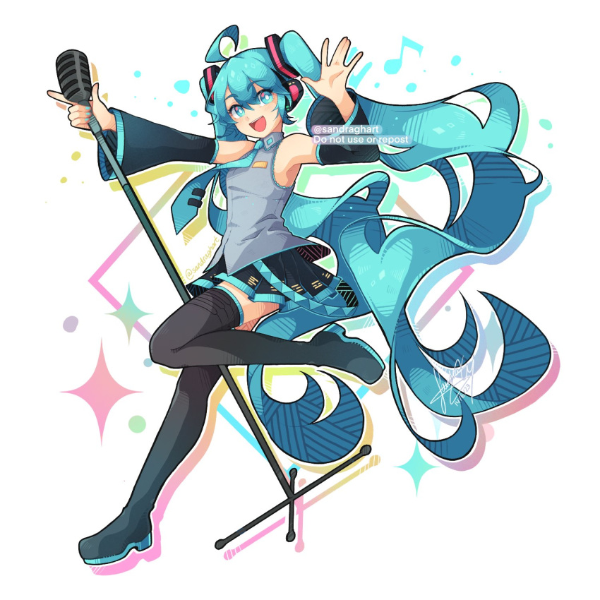 1girl ahoge black_footwear black_skirt blue_eyes blue_hair blue_thighhighs boots collared_shirt full_body grey_shirt hatsune_miku highres holding holding_microphone long_hair looking_at_viewer microphone miku_day musical_note sandragh shirt signature skirt sleeveless sleeveless_shirt solo sparkle thigh-highs thigh_boots twintails twitter_username vocaloid watermark waving white_background