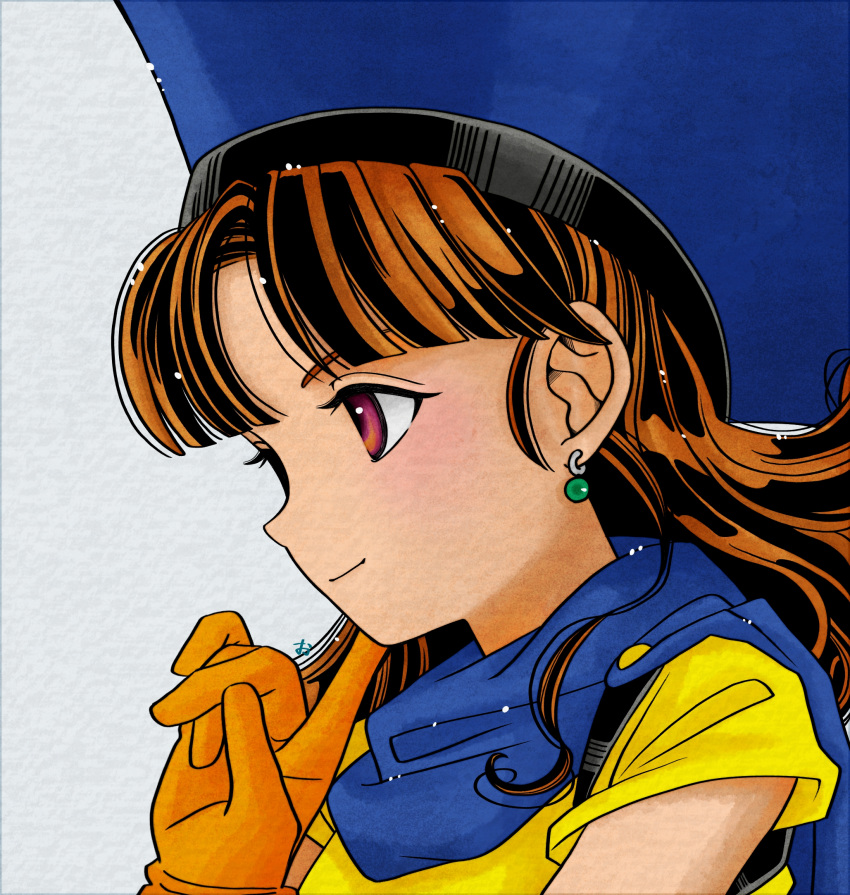 1girl alena_(dq4) blue_cape brown_eyes brown_hair cape close-up dragon_quest dragon_quest_iv dress earrings gloves hat highres jewelry long_hair looking_to_the_side okita_(sukult_4) orange_gloves profile smile solo yellow_dress