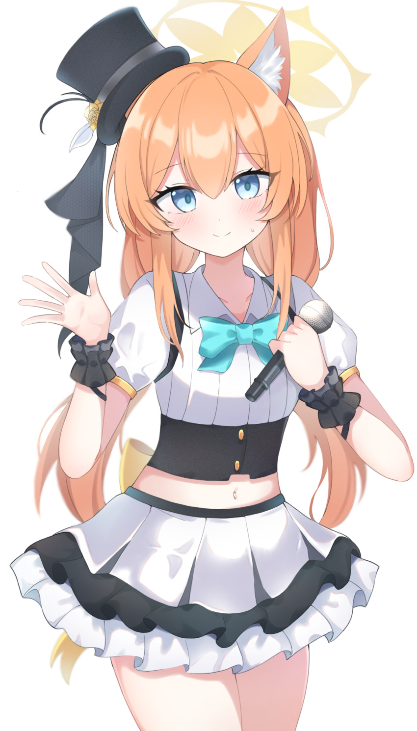 1girl animal_ear_fluff animal_ears aqua_bow aqua_bowtie black_headwear blue_archive blue_eyes blush bow bowtie breasts cat_ears closed_mouth collared_shirt cowboy_shot frilled_skirt frills halo hat highres holding holding_microphone long_hair looking_at_viewer mari_(blue_archive) microphone navel official_alternate_costume orange_hair preste puffy_short_sleeves puffy_sleeves shirt short_sleeves simple_background skirt small_breasts solo top_hat white_background white_shirt white_skirt yellow_halo