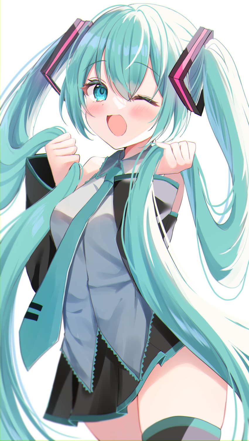 1girl :d aqua_eyes aqua_hair aqua_necktie black_skirt black_thighhighs blush collared_shirt commentary_request detached_sleeves grabbing_own_hair grey_shirt hair_ornament hamico hatsune_miku highres long_hair long_sleeves looking_at_viewer miku_day necktie open_mouth shirt simple_background skirt smile solo standing thigh-highs thighs twintails very_long_hair vocaloid white_background
