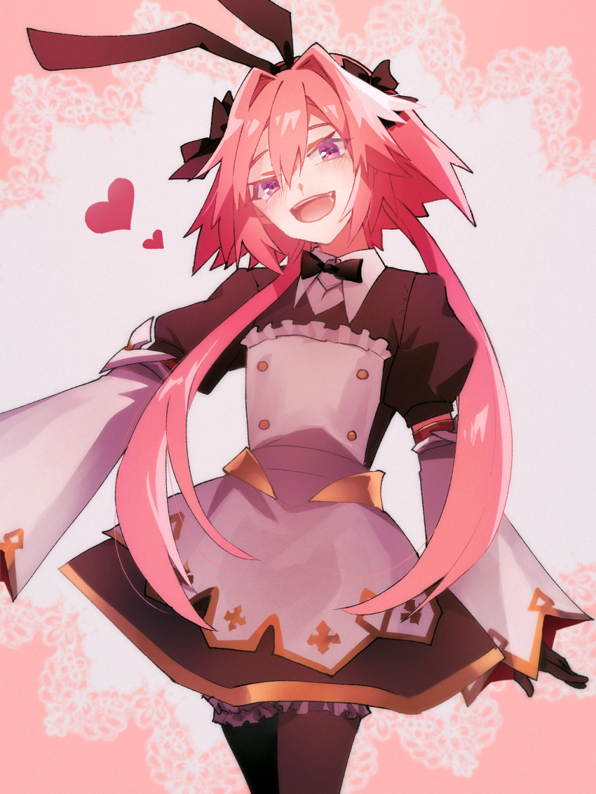 1boy animal_ears astolfo_(fate) astolfo_(saber)_(fate) astolfo_(saber)_(third_ascension)_(fate) black_bow black_bowtie black_gloves black_thighhighs bow bowtie cowboy_shot detached_sleeves dress fake_animal_ears fang fate/grand_order fate_(series) gloves gold_trim hair_between_eyes hair_bow hair_intakes heart highres kagami_(yui1995) light_blush long_hair low_twintails male_focus multicolored_hair open_mouth otoko_no_ko pink_hair rabbit_ears smile solo streaked_hair thigh-highs twintails two-tone_hair violet_eyes white_hair wing_collar