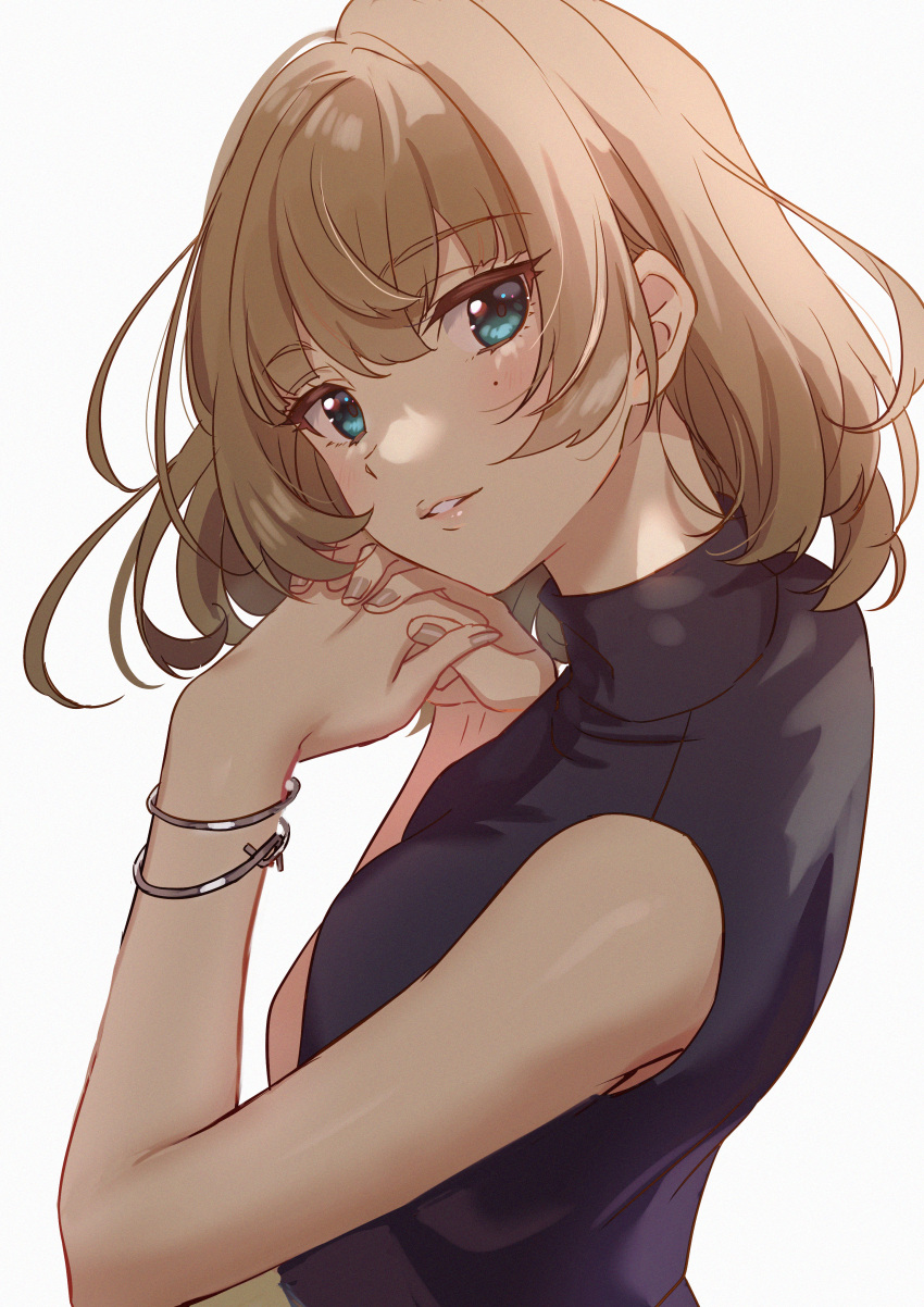 1girl absurdres bare_arms bare_shoulders black_shirt blue_eyes blush bracelet breasts brown_hair emu_(emum) from_side green_eyes heterochromia highres idolmaster idolmaster_cinderella_girls idolmaster_cinderella_girls_starlight_stage interlocked_fingers jewelry looking_at_viewer medium_breasts mole mole_under_eye multiple_bracelets nail_polish own_hands_together parted_lips shirt short_hair simple_background sleeveless smile solo takagaki_kaede turtleneck upper_body white_background