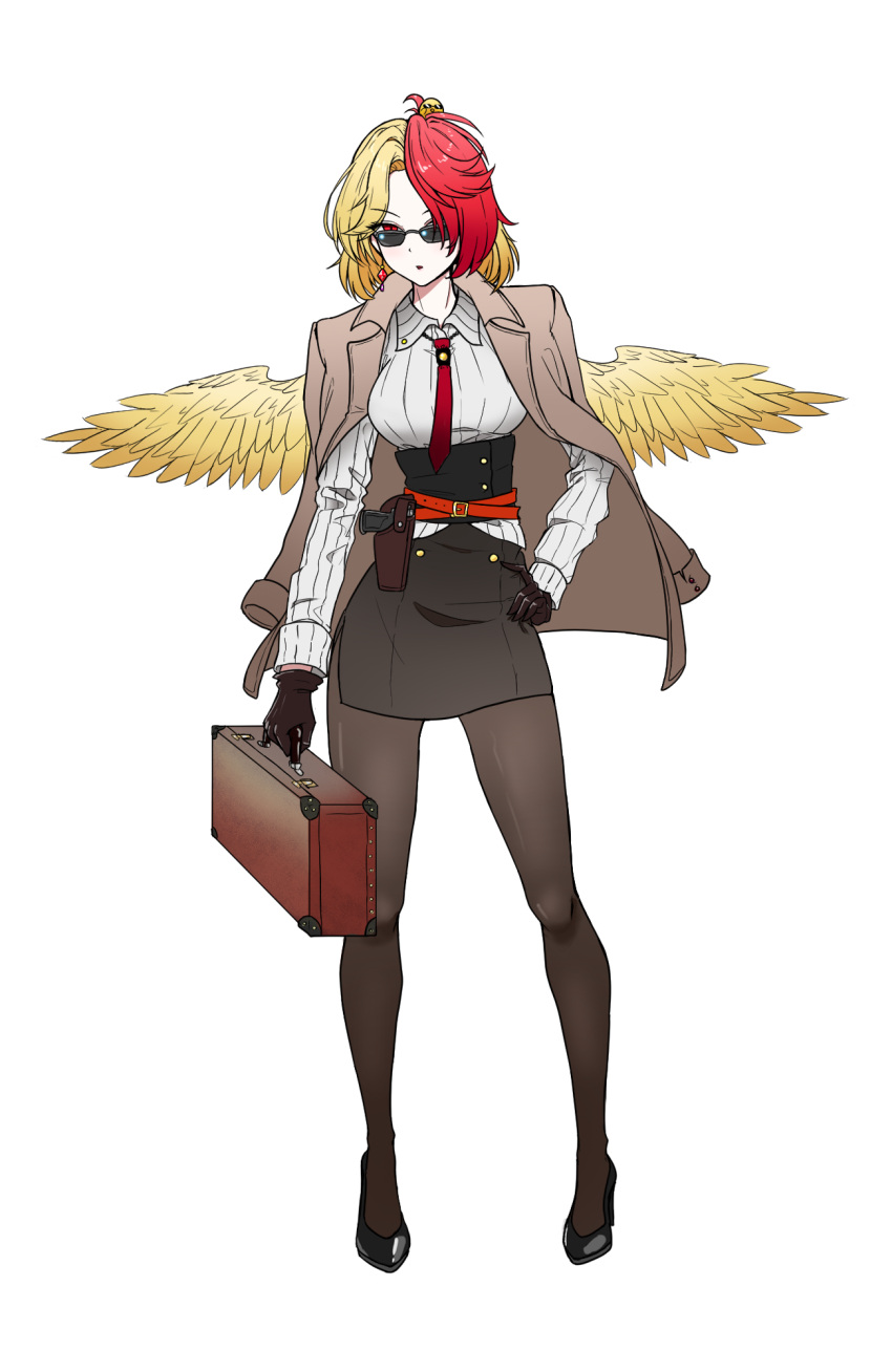 1girl animal_on_head bird bird_on_head black_gloves blonde_hair coat earrings feathered_wings full_body gloves hand_on_own_hip highres jewelry ldschem16 looking_at_viewer multicolored_hair necktie niwatari_kutaka on_head open_clothes open_coat red_eyes red_necktie redhead shirt simple_background solo touhou two-tone_hair white_background white_shirt wings